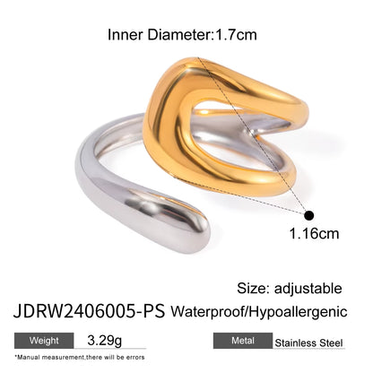 Uworld Stainless Steel Geometric Hollow Layered Wide Ring Metal Texture Waterproof Daily Simple Stylish Golden Jewelry for Women