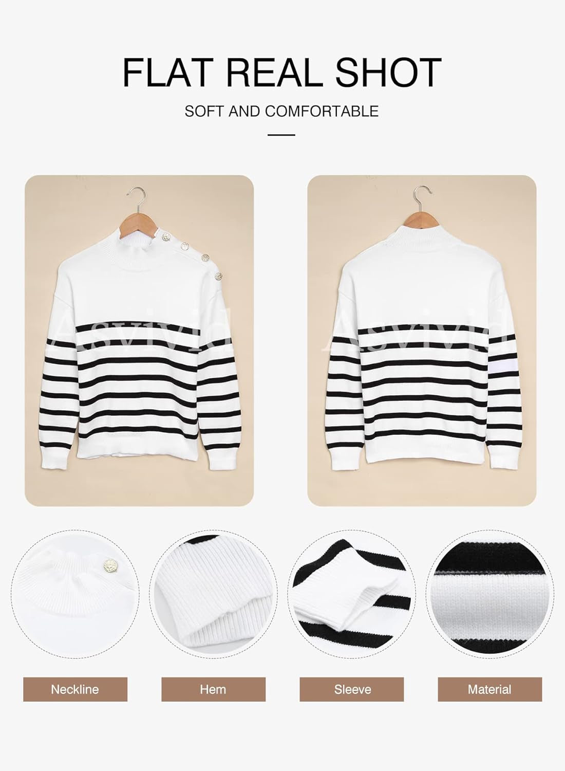 Striped Turtleneck Button Knit Sweaters for Women Lightweight Long Sleeve Knit Pullover Jumper Tops