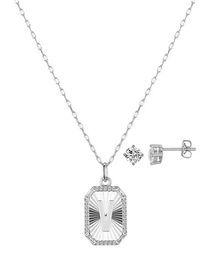 Cubic Zirconia Initial Pendant Necklace and Stud Earring Set