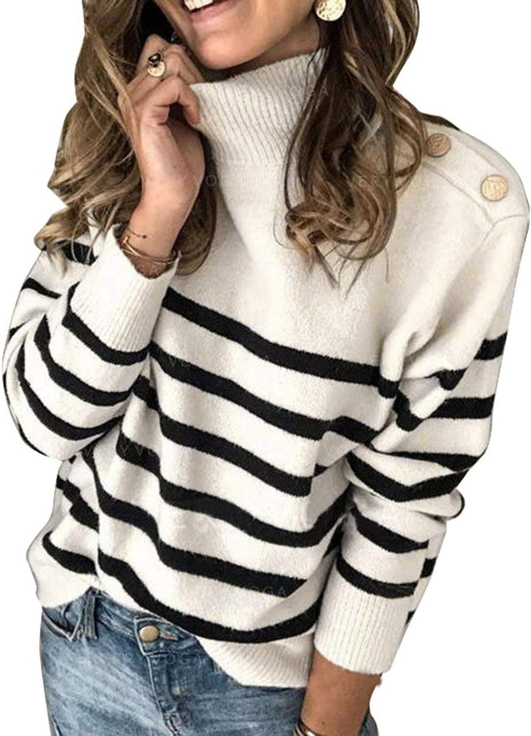 Striped Turtleneck Button Knit Sweaters for Women Lightweight Long Sleeve Knit Pullover Jumper Tops