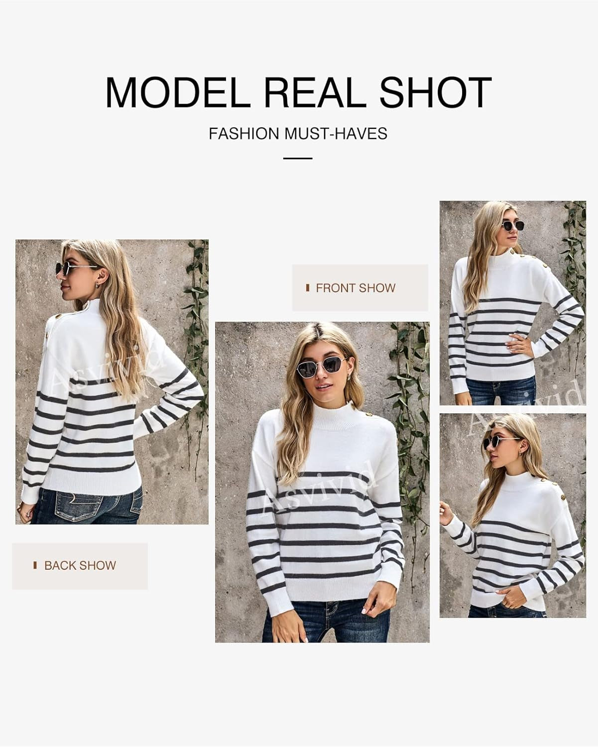 Striped Turtleneck Button Knit Sweaters for Women Lightweight Long Sleeve Knit Pullover Jumper Tops