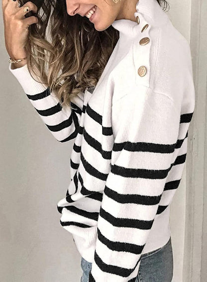 Striped Turtleneck Button Knit Sweaters for Women Lightweight Long Sleeve Knit Pullover Jumper Tops